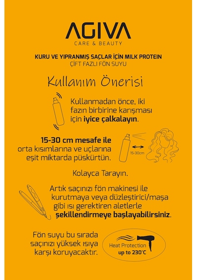 Agiva Care & Beauty Milk Protein Onarıcı, Besleyici Ve Isı Koruyucu Çift Fazlı Fön Suyu - 250 Ml