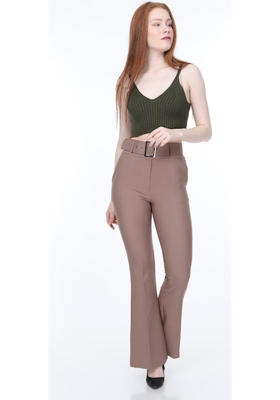 Bluence Beli Kemerli Ispanyol Paça Vizon Kumaş Pantolon Vizon