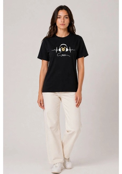 Wear Vexel Kadın Müzik Temalı Baskılı Tişört Bisiklet Yaka Kısa Kol T-shirt - Siyah Siyah
