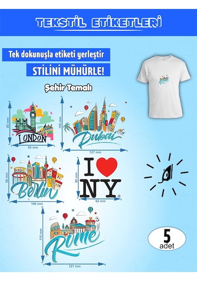 Ütü İle Yapışan Kıyafet Etiketi Şehir Temalı 5li Set Karışık