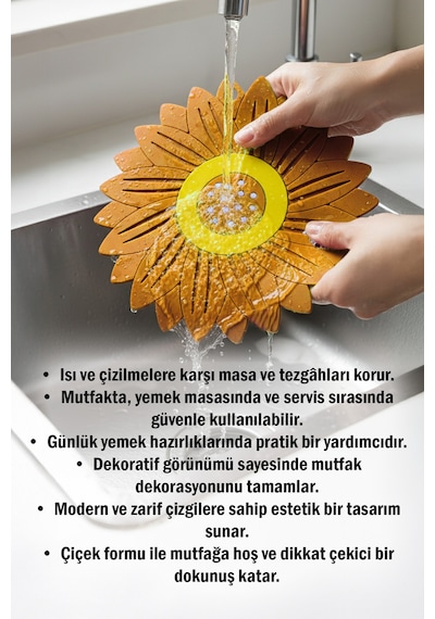 Ayçiçeği Model Kaymaz Silikon Nihale Tencere, Tava, Çaydanlık Ve Servis Altlığı 18,5 X 18,5 Cm Turuncu