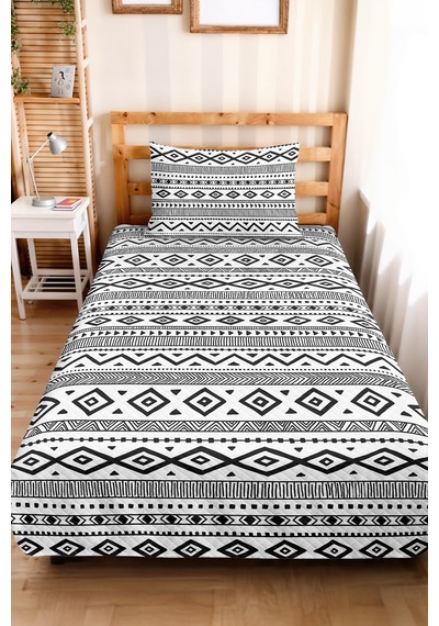 Siyah Geometrik Genç Odası Tek Kişilik Pike Takımı - Bohem Modern 160x220 Cm Kapitone Yatak Örtüsü Kremamsı İz Tonu