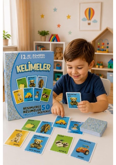 İngilizce - Türkçe Eğitim Kartları - 50 Kelime Kartı İle Çocuklar İçin Görsel Dil Gelişim Seti