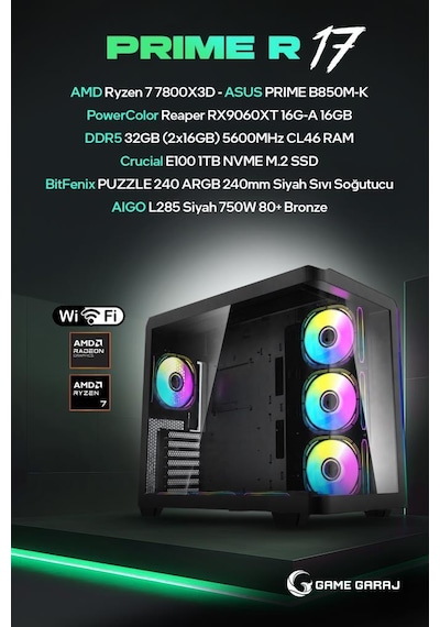 Game Garaj PRIME-R17 R7-7800X3D 16 GB RX9060XT 32 GB 1 TB SSD Free Dos Oem Paket Masaüstü Oyuncu Bilgisayarı
