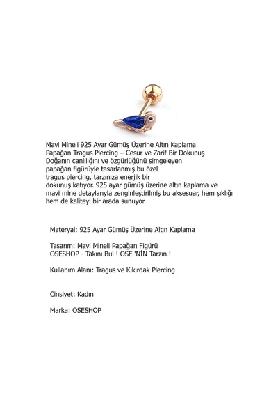 Mavi Mineli 925 Ayar Gümüş Üzerine Altın Kaplama Papağan Tragus Kıkırdak Piercing Altın