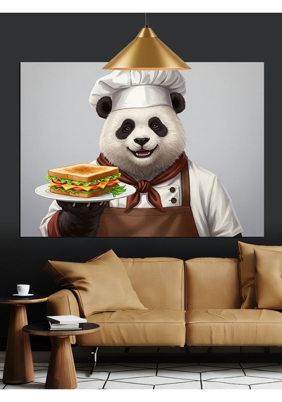 Panda Aşçı Sandviç Tutuyor Dekoratif Kanvas - Mdf Ahşap Tablo