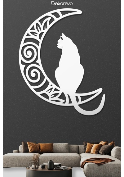 Aydaki Kedi Metal Duvar Tablosu - Metal Duvar Sanatı - Beyaz - 21 X 30 Cm