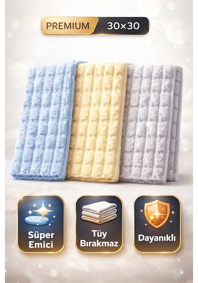 3 Adet Premium Kalite Puf Dokulu 30 30 Cm Genel Temizlik Mutfak Banyo Cam Bezi Diğer