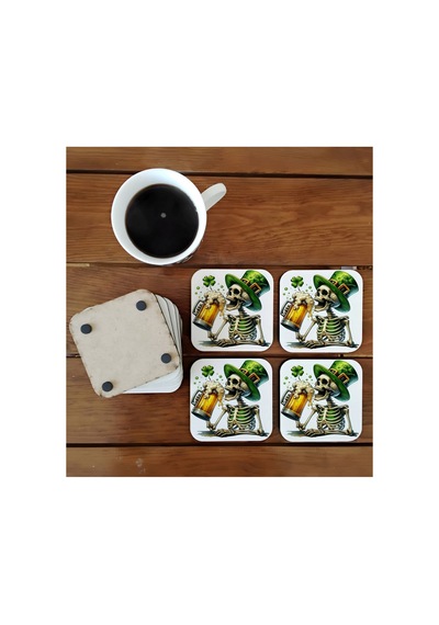 İskelet Happy Patrick Day Dekoratif Ahşap Bardak Altlığı Seti 050 Çok Renkli