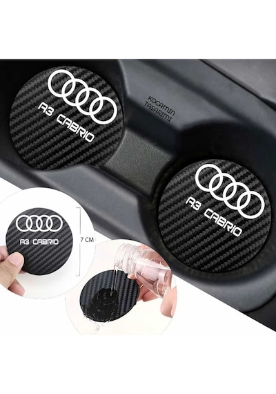 Audi A3 Cabrio Yazılı Karbon Araç Bardak Altlığı Audi A3 Cabrio Modeli İçin 7 Cm Şık Tasarım 2 Adet 2 Adet