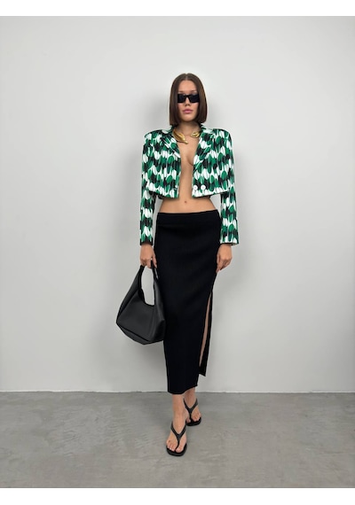 Yeni Sezon Desenli Simetrik Katlamalı Yaka Tek Düğme Crop Kadın Blazer Ceket 24s08012 Yeşil