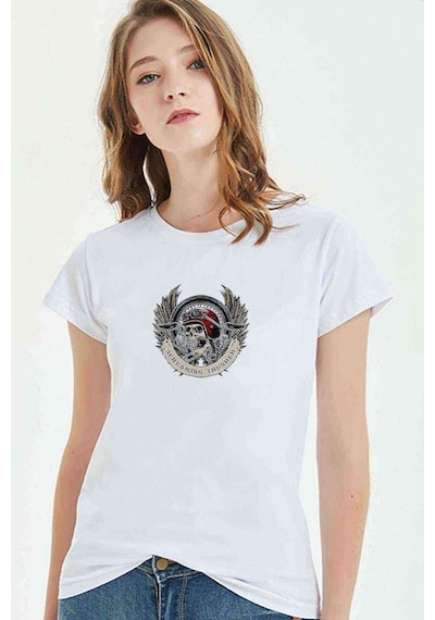 Motorsiklet Baskılı Beyaz Kadın Tshirt (534300916)