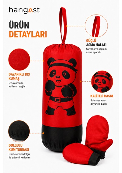 Çocuk Boks Seti Panda Desenli Asılabilir Boks Torbası Eldivenli Kırmızı