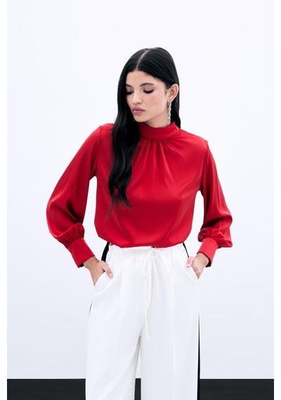 Sateen Yaka Detaylı Saten Bluz - Kırmızı-130536 Kırmızı
