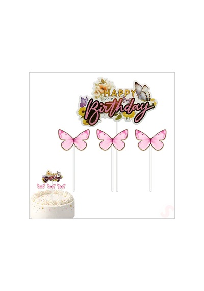 Kelebekli Happy Birthday Pasta Süsü 4 Lü Set - Pembe