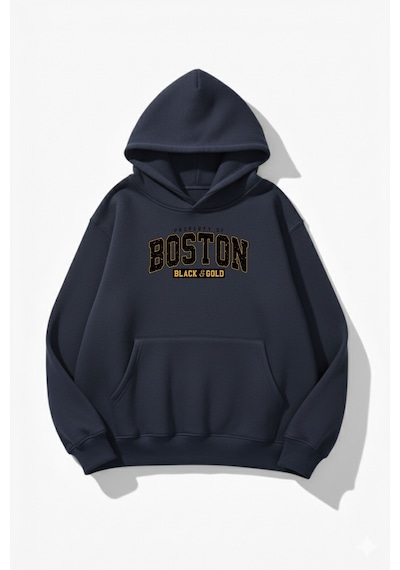 Uyguntarz Unisex Yumuşak Dokulu Boston Black & Gold Baskılı Tasarım Oversize 3 İplik Hoodie Sweatshirt Indigo