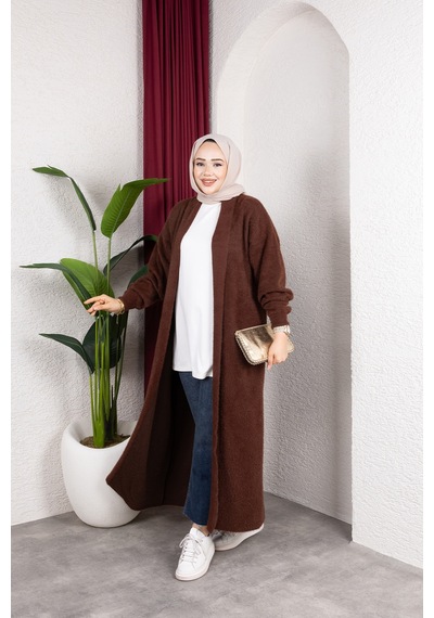 Hira Life Fashion Kadın Şal Yaka Uzun Triko Ve Sakallı Tüylü Hırka Kahverengi Kahverengi