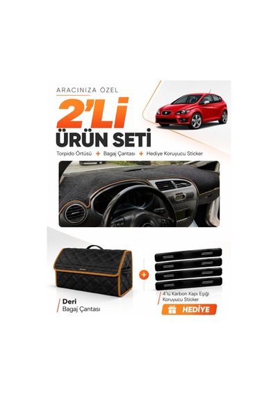 Seat Leon 2005-2012 Uyumlu Torpido Örtüsü + Deri Bagaj Çantası + Sticker Seti - Siyah Kahverengi