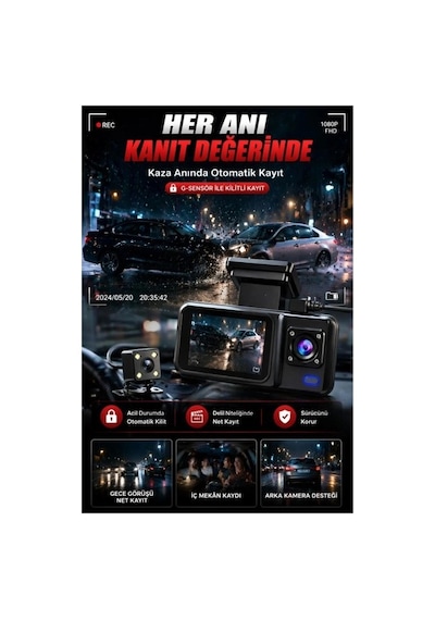Hd 3 Kameralı Araç Kamerası Ön Arka İç Kayıt Gece Görüşlü G Sensörlü Geniş Açılı