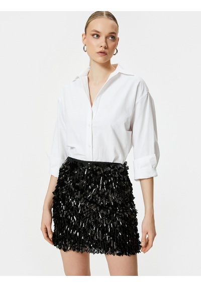 Koton Pullu Payetli Mini Etek Astarlı Standart Bel Slim Fit Siyah 4sak70013fk Siyah