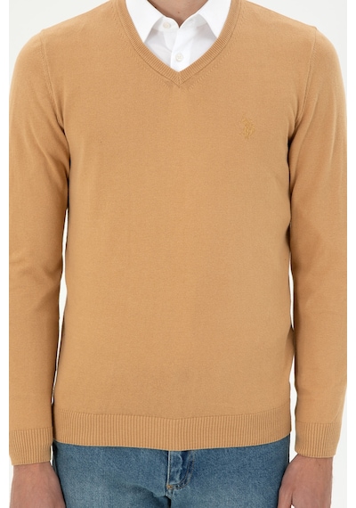 U.S. Polo Assn. Erkek Slim Fit V Yaka Camel Basic Kazak 50294764-VR015