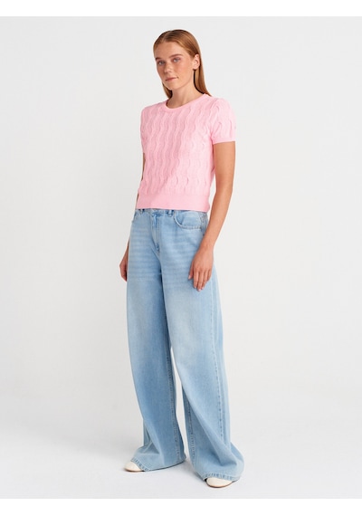 Dilvin 10788 Bisiklet Yaka Dokulu Triko Bluz-pembe Pembe