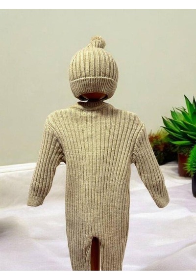 Cantoy Bebek Örgü Fitilli Bereli Kışlık Tulum-15298 Bej