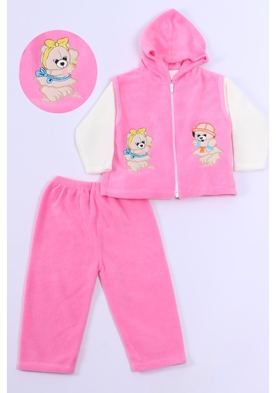 Hçm Bebek Polar 3lü Takım Kapşonlu Fermuarlı Nakışlı C23 Pembe