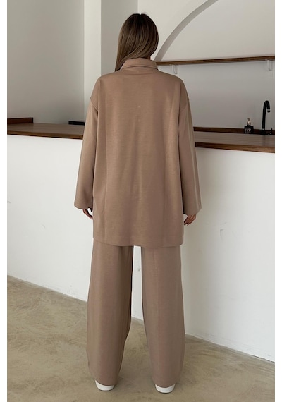 Olcay Gömlek Yaka Premium Örme Kumaş Tunik Pantolon Takım Kamel 9374-tk