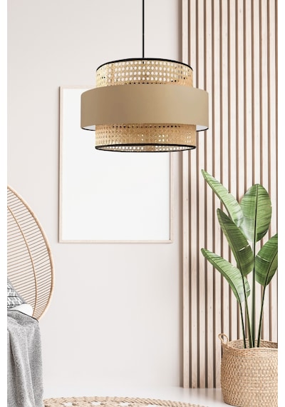 Bohem Trio Metal Kasalı Gerçek Rattan Ve Kahve Kumaş Salon Avize Üç Katlı Pasta Yatak Odası Sarkıt Kahverengi