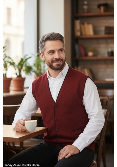 Kamalı Bordo Erkek V Yaka Triko Düğmeli Cepli Çizgi Desenli Regular Fit Tüylenmeyen Örgü Yelek Bordo