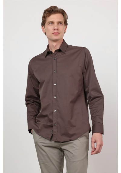 İmza Kahverengi Sert Yaka Uzun Kol Cepsiz Slim Fit Pamuklu Gömlek 1004260213