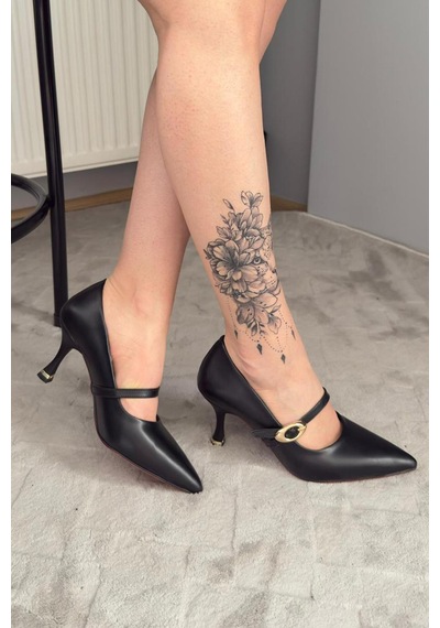 Preshley Kadın Sarah Siyah Cilt 7cm Ince Topuk Önden Tokalı Ayakkabı Stiletto Siyah