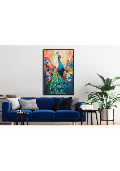Yağlı Boya Dokulu Tablo Modern Renkli Tavus Kuşu Siyah Çerçeveli U04031-178945