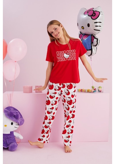 Siyah İnci Lisanslı %100 Pamuk Çok Renkli Bisklet Yaka Pijama Takım Hk010 Kırmızı