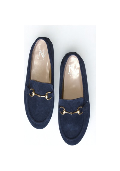 Ne&ve Shoes Lacivert Süet Hakiki Deri Gold Zincir Aksesuarlı Kadın Loafer Ayakkabı