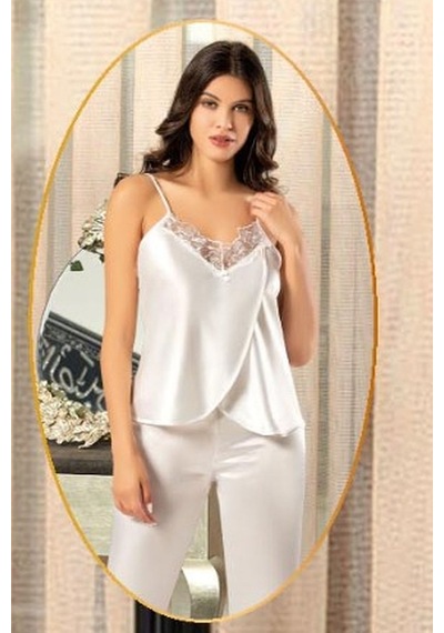 Xses 2165 Kadın Saten Empirme Sabahlıklı 4'lü Pijama Takım-ekru Ekru