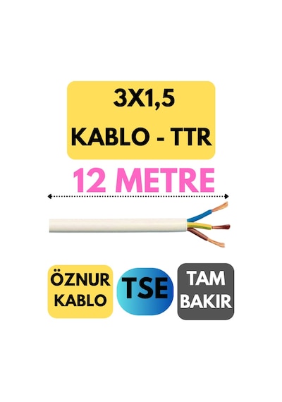 Öznur 3x1,5 Ttr Kablo Metre Seçenekli Beyaz - 12 Metre