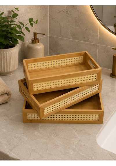 Morponi 3'lü Ahşap Hazeran Sepet Çok Amaçlı Düzenleyici Banyo Mutfak Sepeti Organizeri Banyo Seti