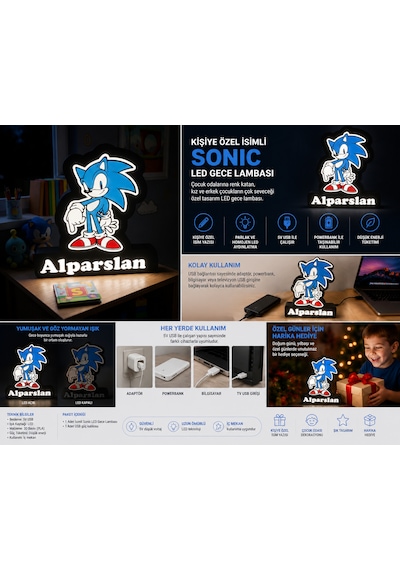 Kişiye Özel İsimli Sonic Led Gece Lambası Usb Çocuk Odası Mavi-siyah