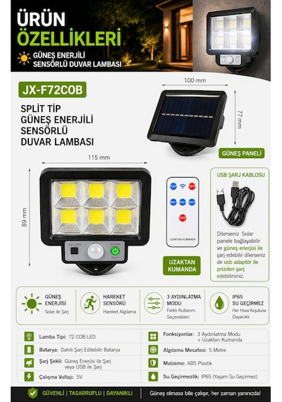 Technosmart 72 Cob Led Solar Ve Usb Şarjlı Sensörlü Kumandalı Split Duvar Lambası 3,5 M Kablolu Ip65