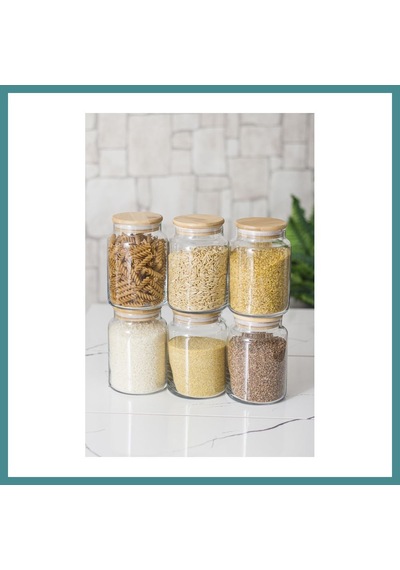 Trendexa 6 Lı Set Bambu Kapaklı Cam Kavanoz & Erzak Saklama Kabı 800 Ml Orta Boy Vakum Kapak Mac Çok Renkli