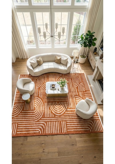 Zelve Geometrik Kiremit/beyaz Kaymaz Taban Yıkanabilir Salon Halısı