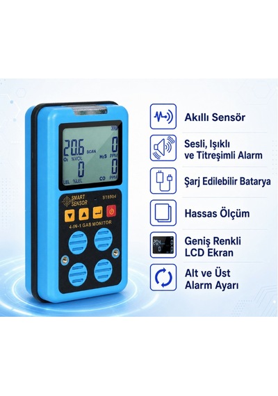 Smart Sensor St8904 Taşınabilir 4 Lü Gaz Dedektörü O₂, Co, H₂s Ve Lel