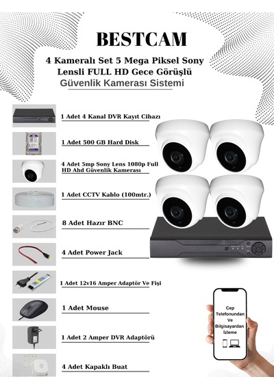 4 Kameralı Set 5 Mp Sony Lensli Full Hd Dome Kamera 500 Gb Hdd
