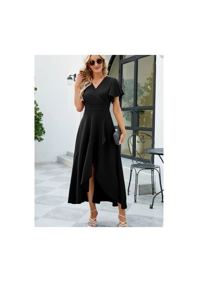 Butik İstanbul Kadın Kısa Kollu Kruvaze Yakalı Önden Volanlı Çapraz Kesim Detaylı Maksi Boy Ithal Krep Elbise Siyah Butik İstanbul Kadın Kısa Kollu Kruvaze Yakalı Önden Volanlı Çapraz Kesim Detaylı Maksi Boy Ithal Krep Elbise Siyah