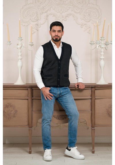 Woolen World Regular Fit Ön Cepli Kolsuz Bitik Desenli Triko Yelek Lacivert