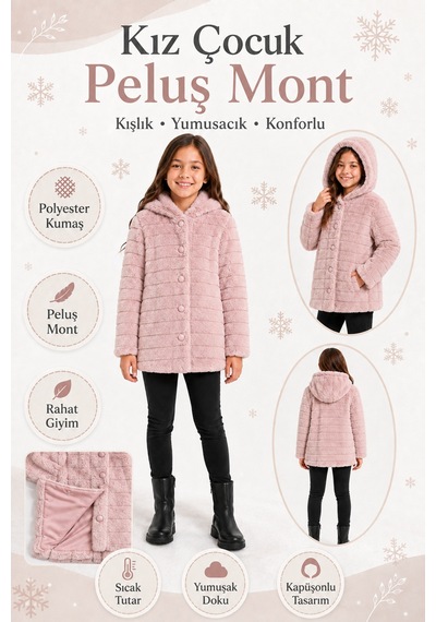 Ahengim Kız Çocuk Kışlık Kapüşonlu Düğmeli Astarlı Yatay Çizgili Peluş Mont Ak4518 Pembe