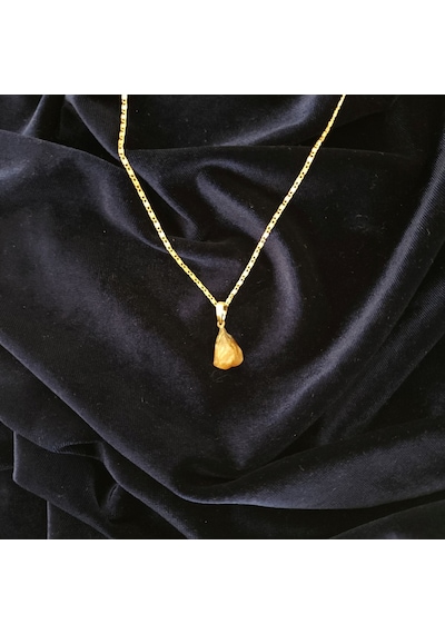 Doğal Sitrin Taşlı Ham Kesim Gold Detaylı Çelik Zincirli Kolye Sarı