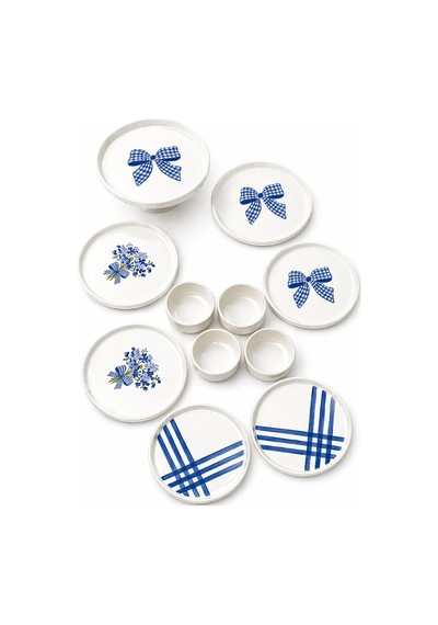 Blue Gift 6 Kişilik 11 Parça Seramik Kahvaltı Takımı Mavi Desenli Modern Sunum & Pasta Tabağı Seti Beyaz